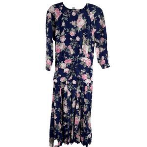 Vtg 90s Grunge Secretary Dress Long Sleeve Rose Print Pleated Maxi Cottagecore L